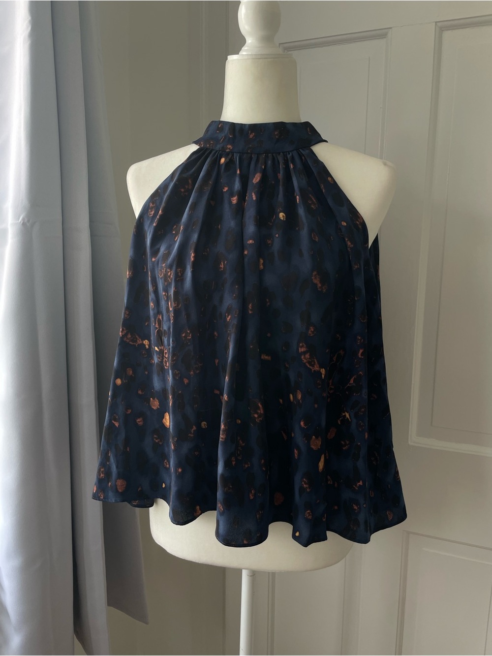 Traffic People- Navy Halter Tie Neck Satin Tank Top with Copper Print